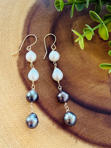 Tahitian & Fresh Pearl long earrings