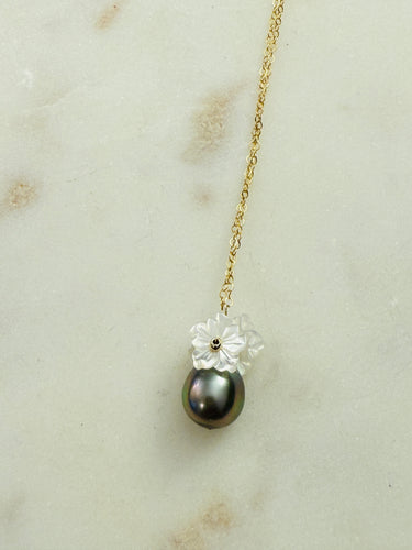 Large Tahitian Pearl  with Triple Hibiscus necklace