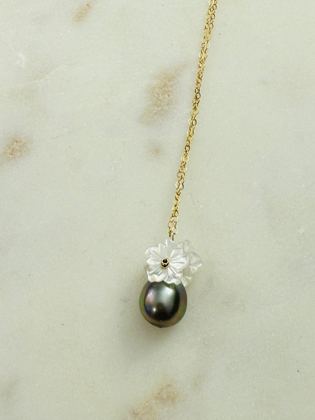 Large Tahitian Pearl  with Triple Hibiscus necklace
